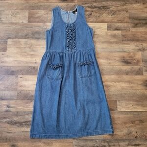 Vintage Truly Yours Women's Sleeveless Denim Ruffle Pocket Midi Dress Size 6P